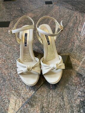 Nila&Nila Leather Cream Knot Front Ankle-Strap Heels, Size 7